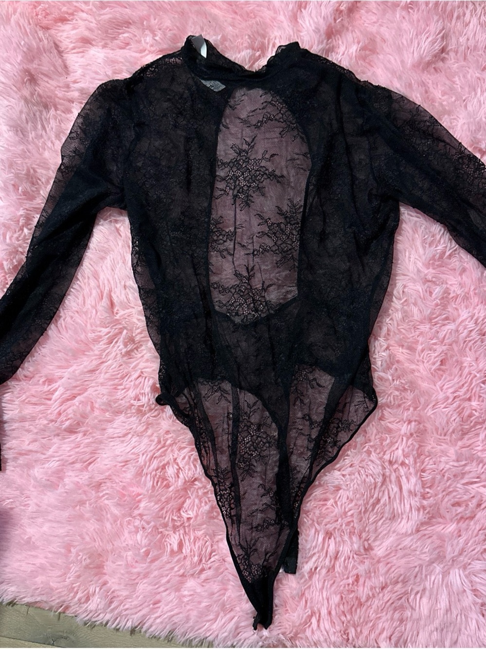 Auden Black Sheer Lace Long-Sleeve Bodysuit